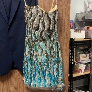 Jovani Blue and Gold Sequin Mini Dress